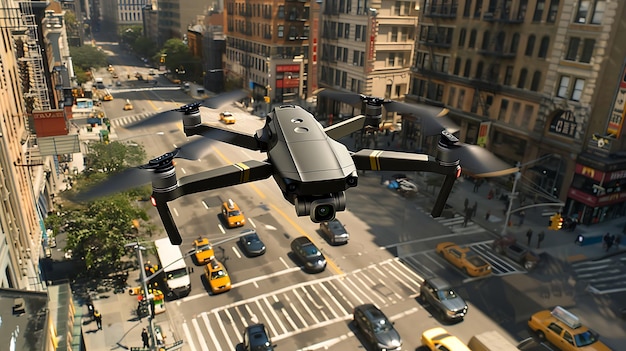 Drone de inspeção voa pelas ruas da cidade com um fundo de arranha-céus e trânsito movimentado