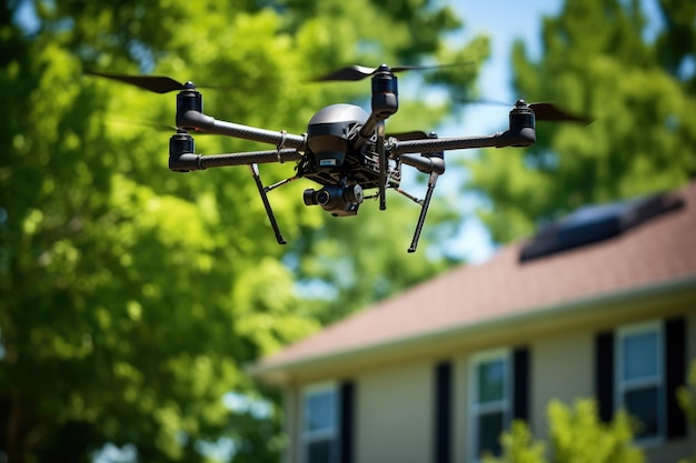Drone de vigilância desarmado a rondar um bairro tranquilo.