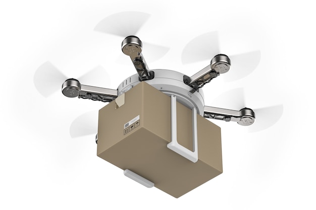 Drone de entrega de renderizado 3D volando con caja de cartón
