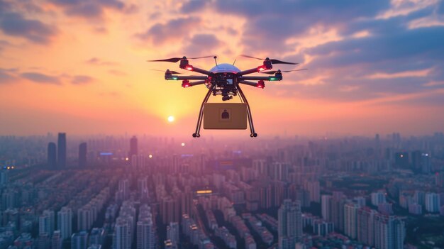 Drone para la entrega vuela alto en el edificio de la ciudad