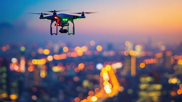 Drone con equipo de cámara volando sobre edificios urbanos por la noche