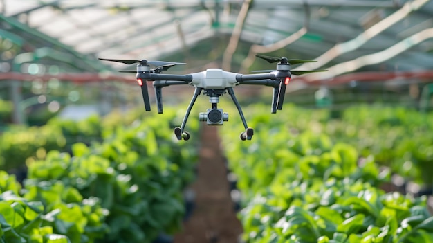 un drone está volando en un invernadero con una cámara en la parte inferior