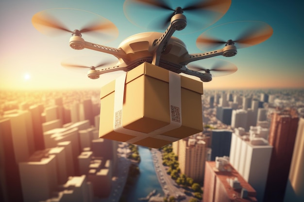Drone fazendo entrega de caixas e voando sobre edifícios da cidade AI