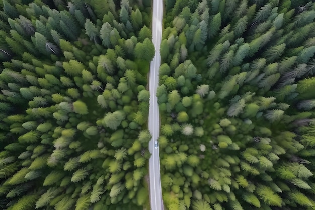 Drone filmado acima da bela estrada da floresta de pinheiros no dia de verão, imagem gerada pela rede neural