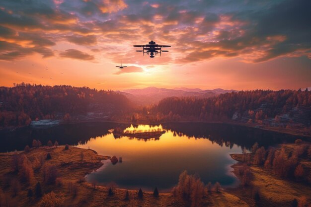 Drone flotando sobre el paisaje escénico al atardecer creado con ai generativo