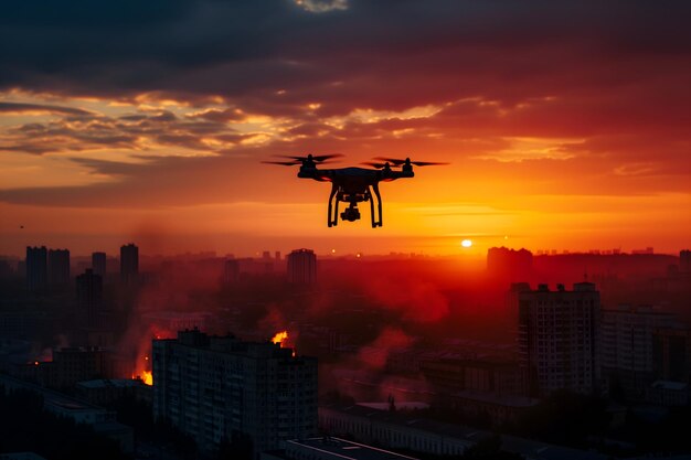 Drone de helicóptero sobre una ciudad en llamas al atardecer o al amanecer