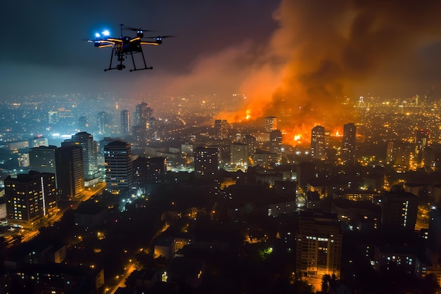 Drone de helicóptero sobre la ciudad en llamas por la noche
