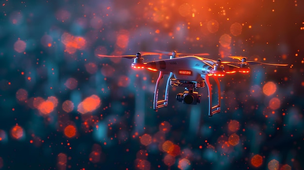 Drone iluminado en vuelo en medio de partículas brillantes