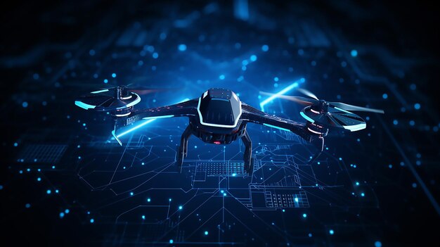 Drone de línea y punto volando con luces activas