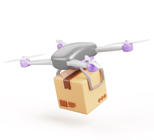 Drone lleva caja de paquetes icono de renderizado 3d vuelo quadcopter no tripulado realista con cuchillas de cámara paquete de cartón innovación logística envío aéreo automatizado servicio de entrega rápida