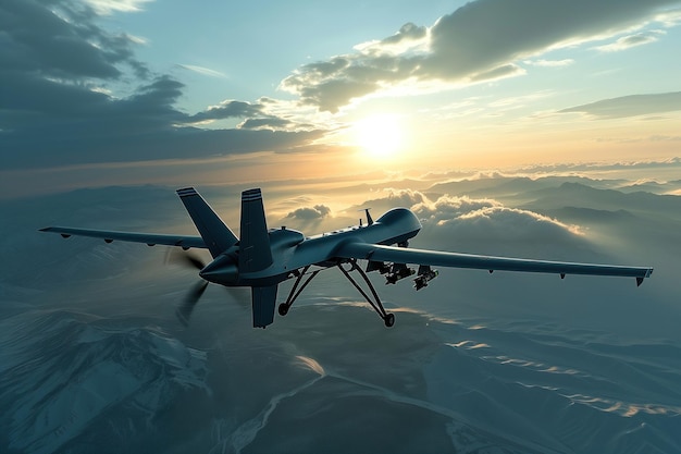 Drone militar com mísseis voando no céu vista traseira