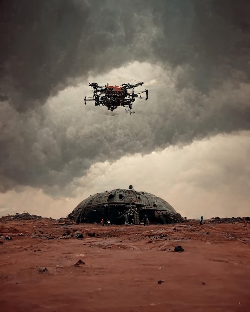 Drone militar sobre la base espacial marciana Paisaje conceptual Ilustración de arte