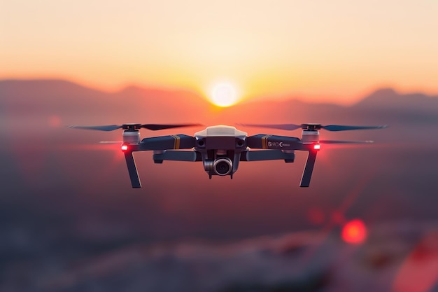 Drone moderno com câmera voando em um céu claro e ensolarado