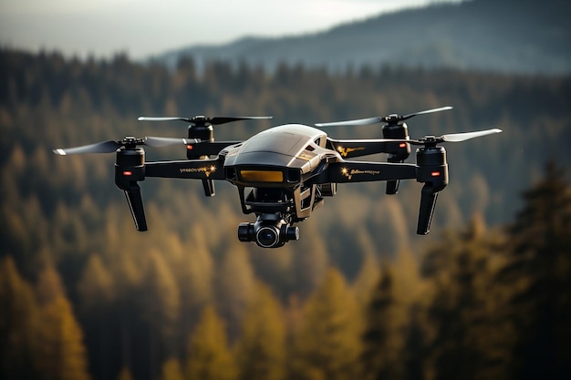 Drone moderno voando acima da floresta em vista aérea Drone escuro voando contra o cenário da paisagem AI