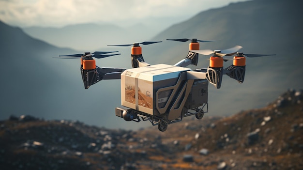 Foto drone não tripulado transportando caixa de carga