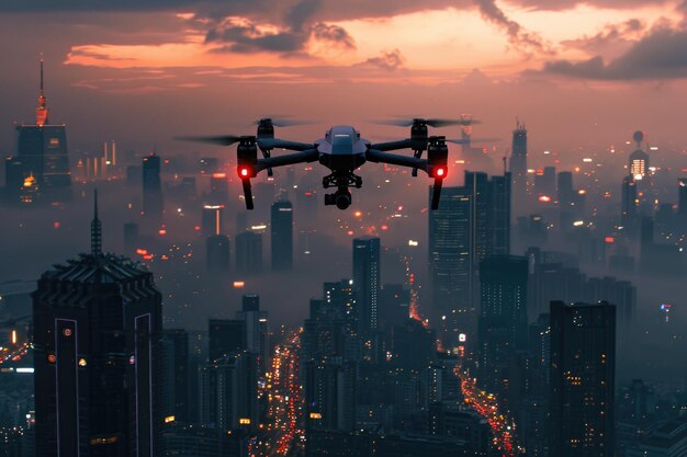 Drone oscuro en vuelo sobre la ciudad
