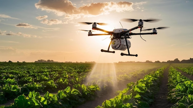 Drone pulverizando fertilizante em plantas verdes de vegetais tecnologia agrícola automação agrícola