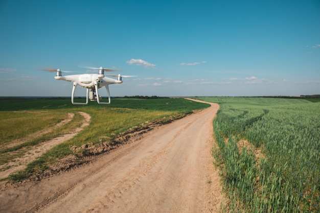 Drone quad copter en campo de maíz verde