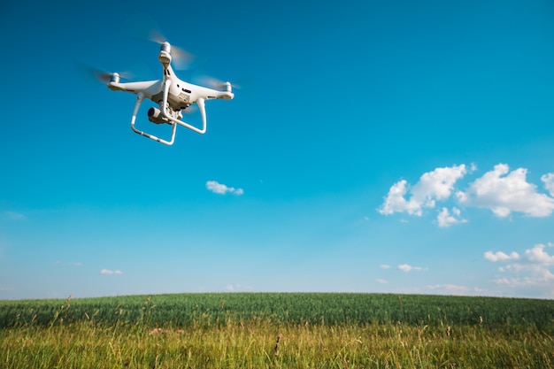 Drone quad copter en campo de maíz verde