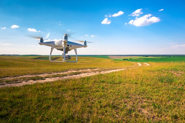Drone quad copter em campo de milho verde