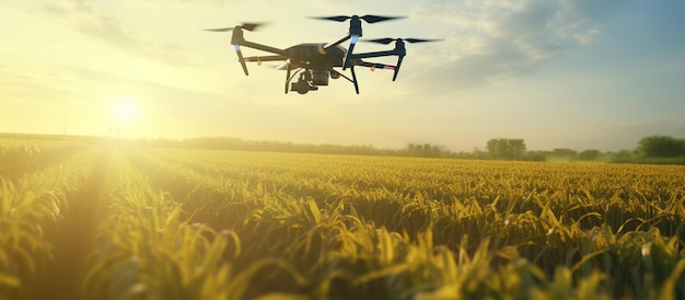 Drone quad helicóptero em campo de milho verde