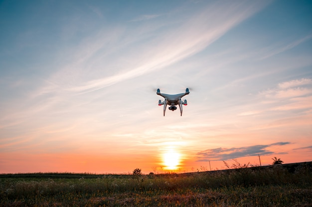 Drone quad helicóptero no campo de milho verde