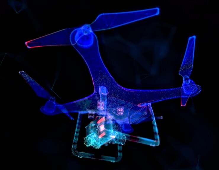 Foto drone quadcopter abstracto con cámara arte de malla abstracto con líneas puntos y partículas