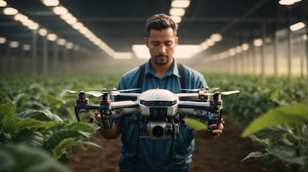 Drone quadcopter con cámara digital volando sobre el campo de tabaco Tecnología y concepto agrícola