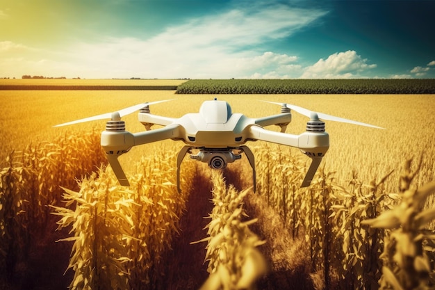 Drone quadcopter sobre un campo de maíz bajo el sol