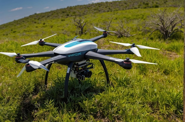 Drone Quadcopter en vuelo sobre el bosque