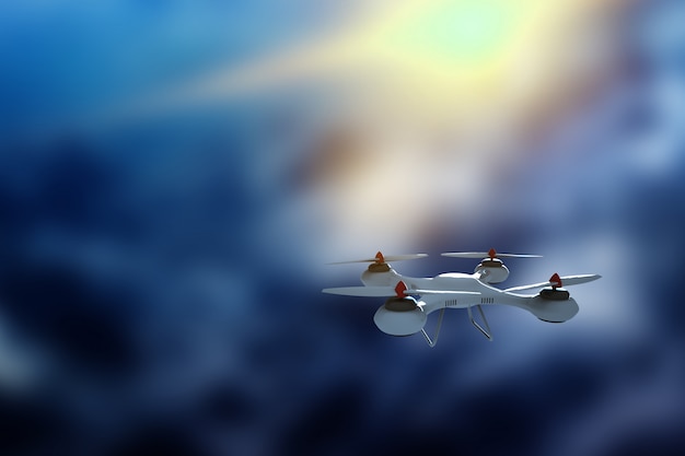 Drone, quadrocopter blanco contra el cielo con copia espacio.