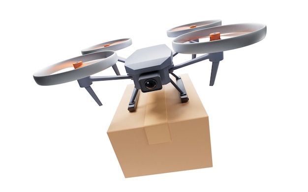 Drone realista que lleva la caja en 3D