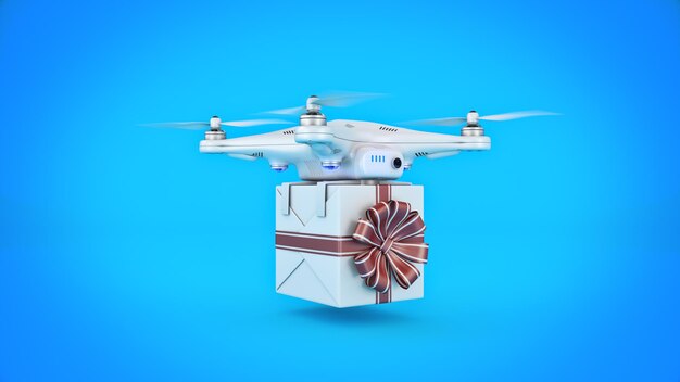 Drone con el regalo, concepto de entrega. representación 3d