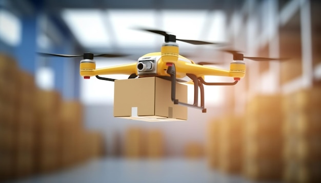 Drone de reparto volador que transfiere la caja del paquete desde la distribución