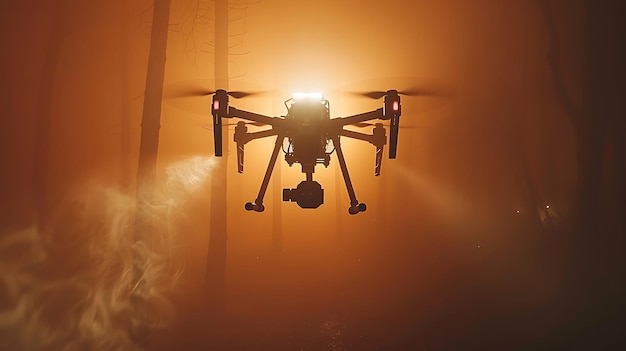 Drone de rescate volando en una zona de incendios forestales con fondo de humo y cielo naranja