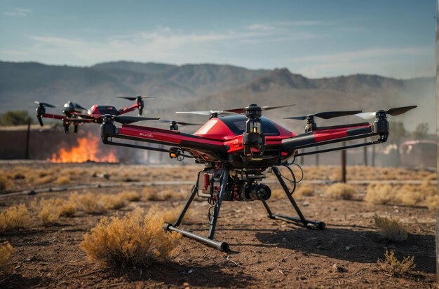 Drone rojo y negro en un paisaje desértico