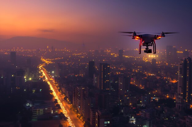 Drone sobre la ciudad en una noche de verano