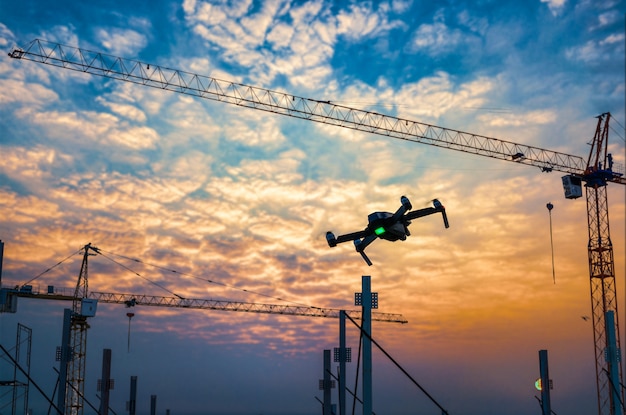 Drone sobre o canteiro de obras ao pôr do sol