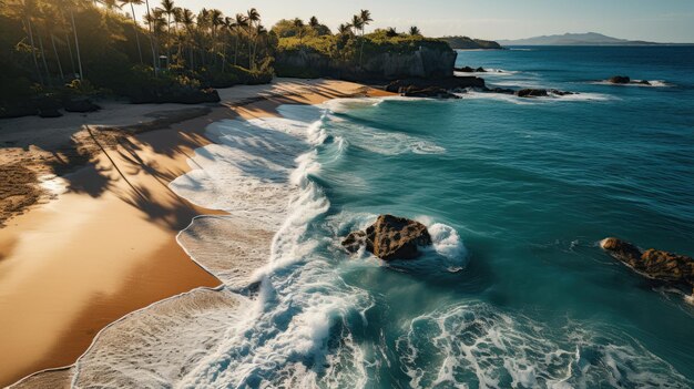 drone vê uma praia serena com palmeiras e água cristalina