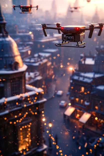 Foto drone vermelho e preto voando sobre a cidade à noite com luzes acesas nos edifícios