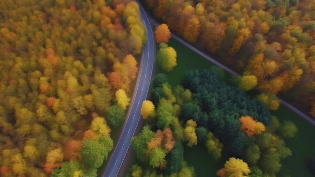 Drone view otoño bosque camino Ilustración AI GenerativexA