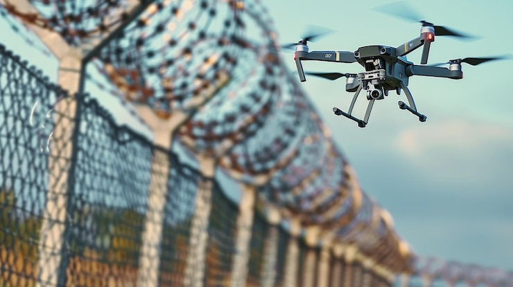 Foto drone de vigilancia volando sobre la valla de seguridad en sunset empleando tecnología de vanguardia para el control y monitoreo fronterizo