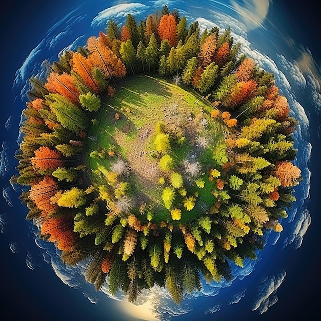 Drone vista aérea pequeno planeta floresta de outono árvores altas e céu azul com nuvens