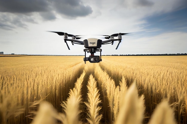 Drone voa no céu sobre a tecnologia de campos de arroz e trigo no negócio agrícola gestão automática de colheitas tecnologia verde do futuro Generative AI