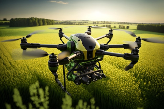 Drone voa no céu sobre a tecnologia de campos de arroz e trigo no negócio agrícola gestão automática de colheitas tecnologia verde do futuro Generative AI