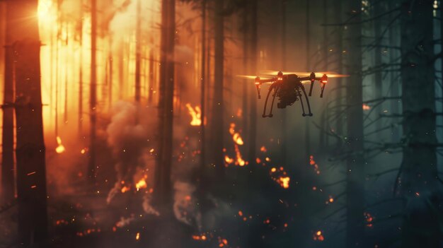 Drone voando em floresta fumegante durante incêndio florestal