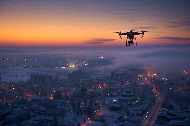 drone voando sobre a cidade na manhã de inverno