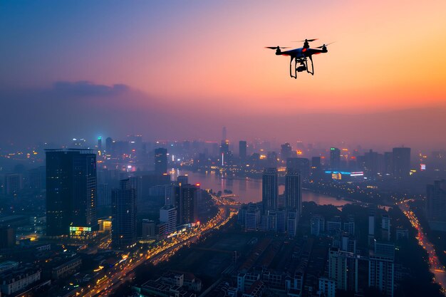 drone voando sobre a cidade na manhã de verão