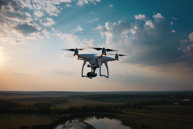 Foto drone volando en el cielo con nubes en el fondo