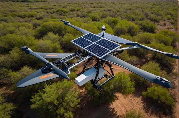 Drone volando por encima con panel solar conectado